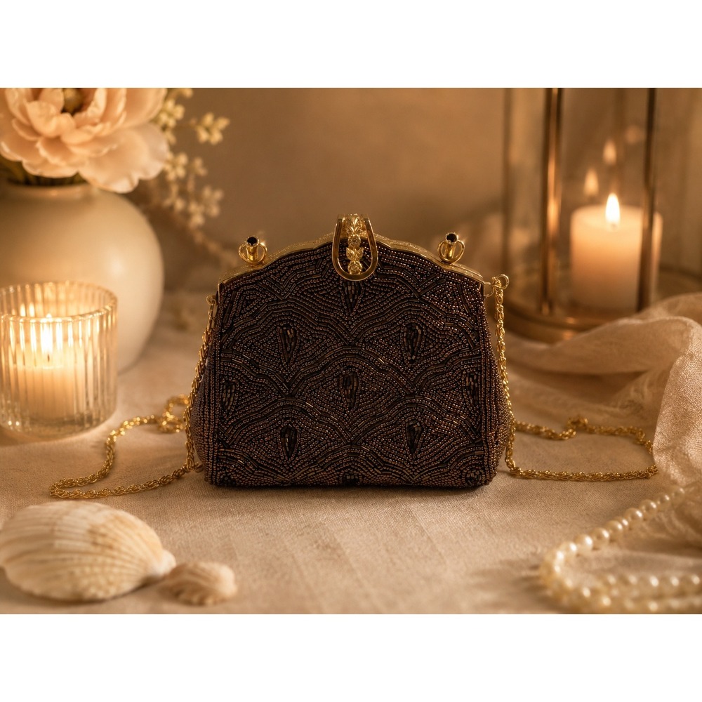 Bronze Beaded Art Deco Evening Bag Gold Chain Strap Scalloped Clutch Purse